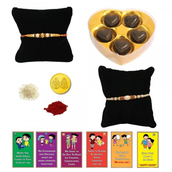 BOGATCHI 5 Heart Chocolate 2 Rakhi Gold Coin Roli Chawal and Story Card B | Rakhi gifts | Rakhi with Gift Combo 